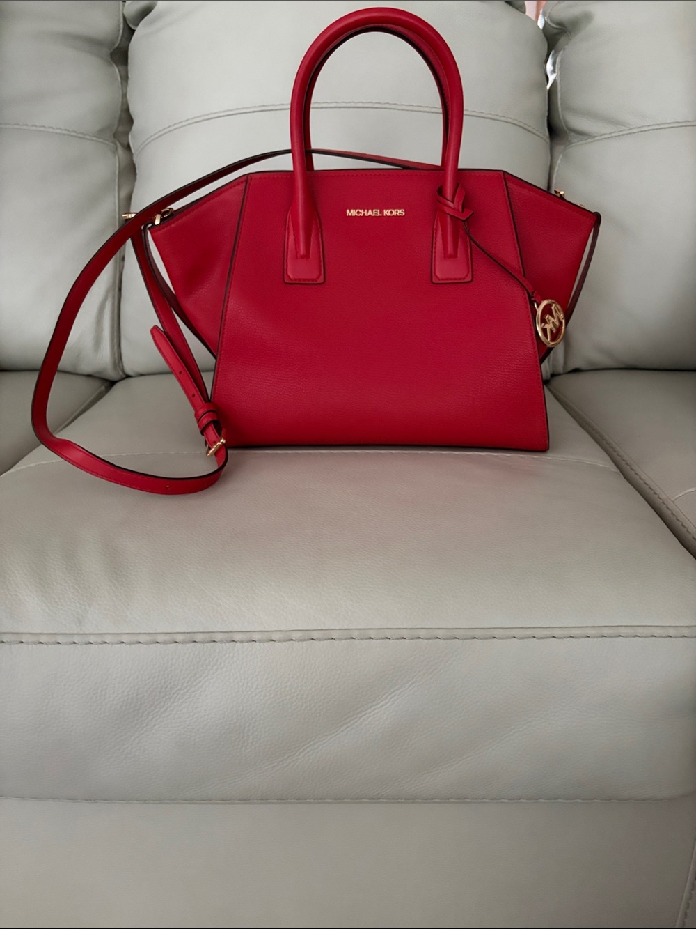 Michael Kors Red Leather Satchel with Gold Logo Charm